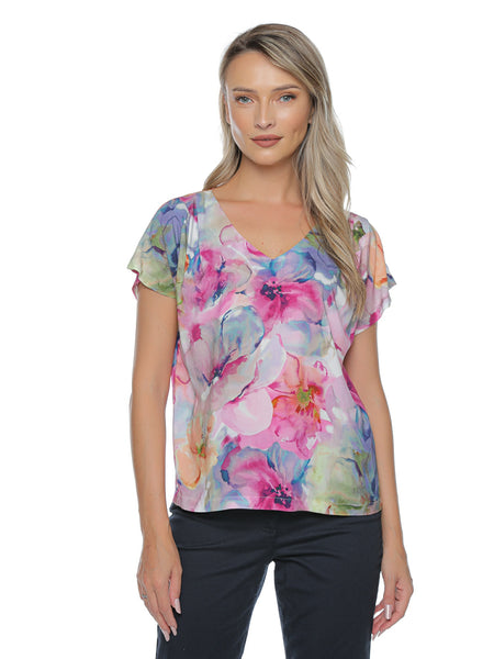 Bluză Altesa Fleur din viscoză premium cu imprimeu bougainvillea roz