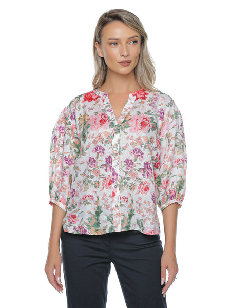 Bluză Altesa Alma din in pur 100% cu imprimeu floral mediteraneean
