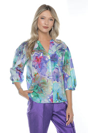 Bluza Erica cu decolteu în V și nasturi din scoică, mâneci trei sferturi bufante