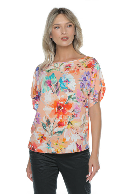 Bluză Altesa Lucia din viscoză premium coral cu imprimeu floral mare